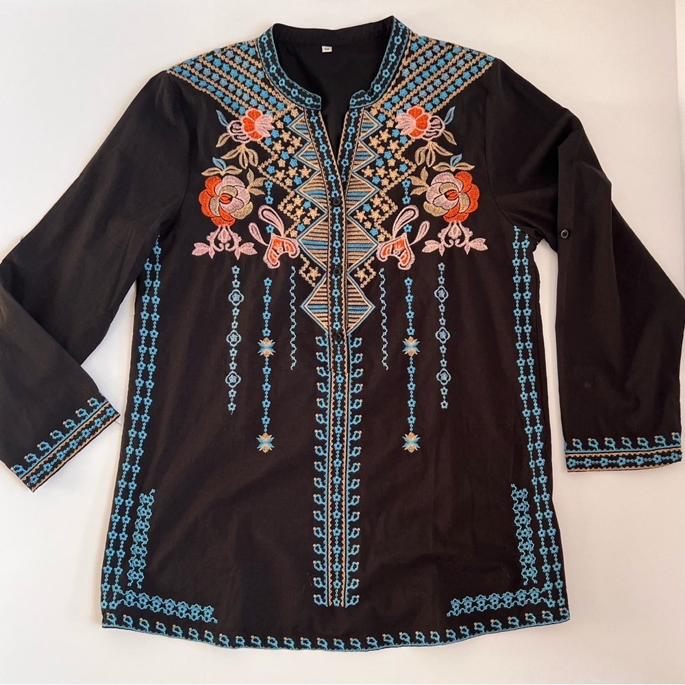 Source Unknown Black Tunic with Blue and Coral Floral Embroidery